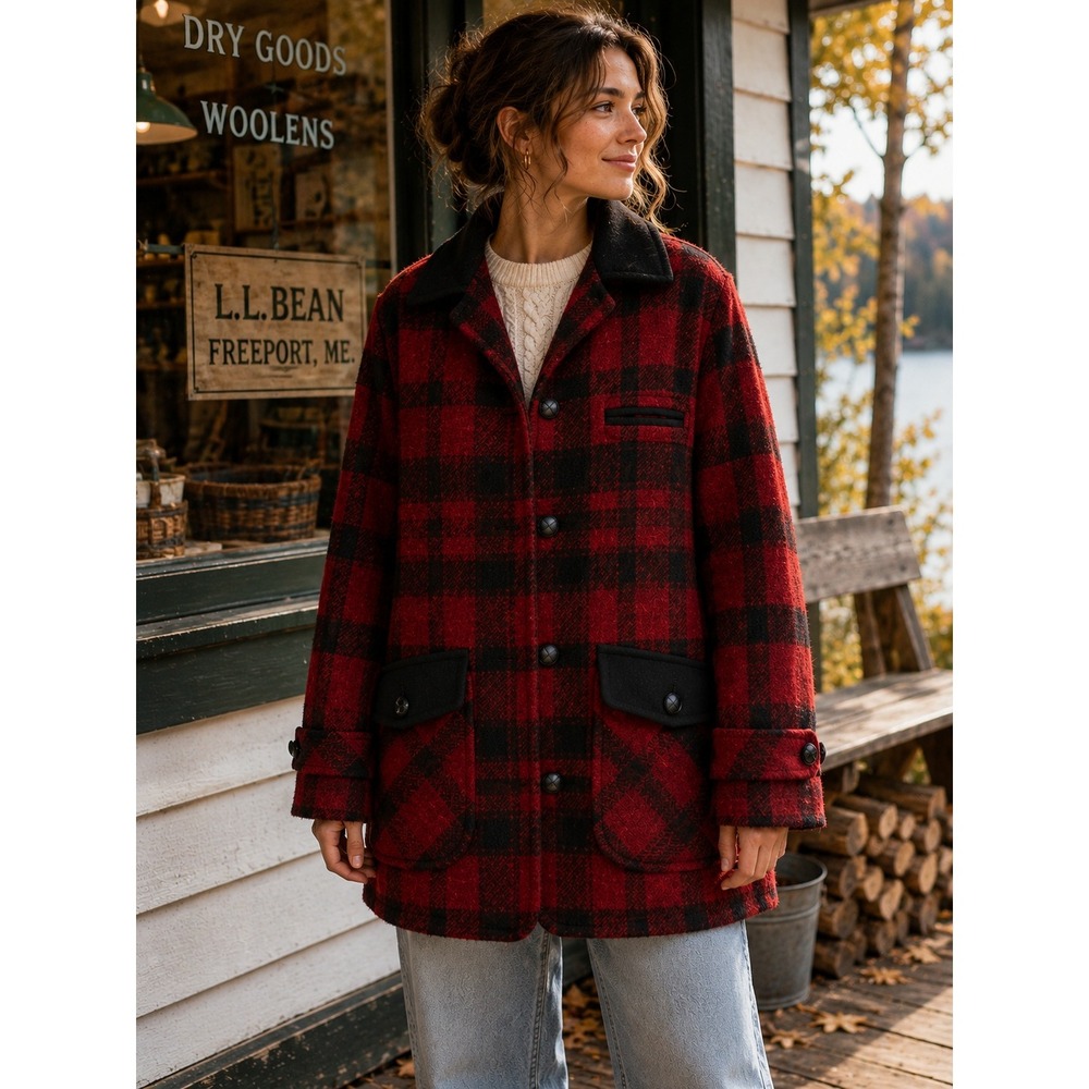 Vintage L.L.Bean Buffalo Plaid Wool Hunting Field Coat Made USA Red Black M